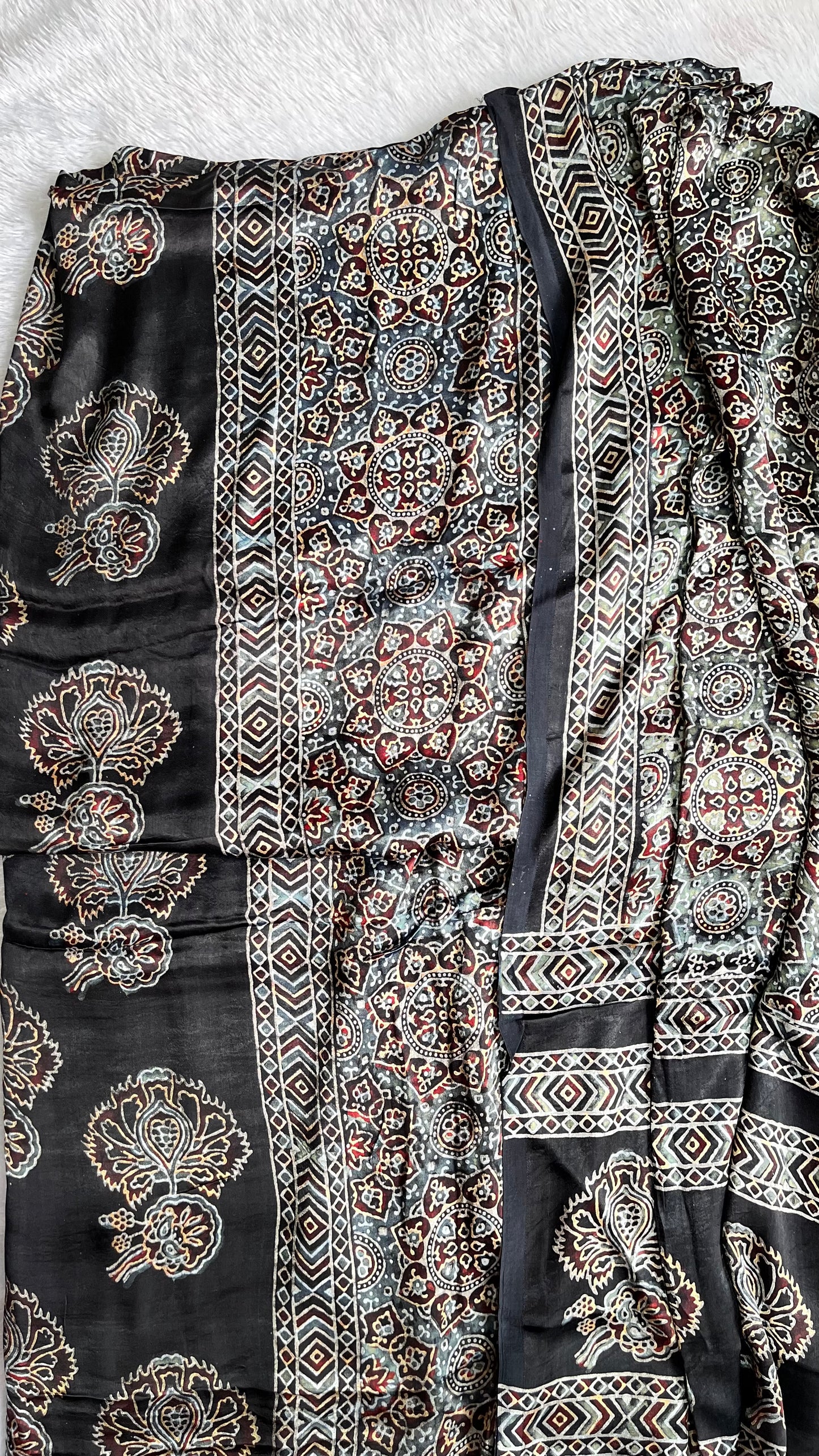 Black Big Boota Motif Modal Silk Ajrakh Natural Dyed Hand Block Print 2pc Suit Material Set