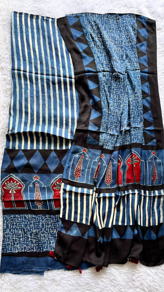 Indigo Dhaari and Jharokha Pure Modal Silk Suit Set with Modal Silk Dupatta