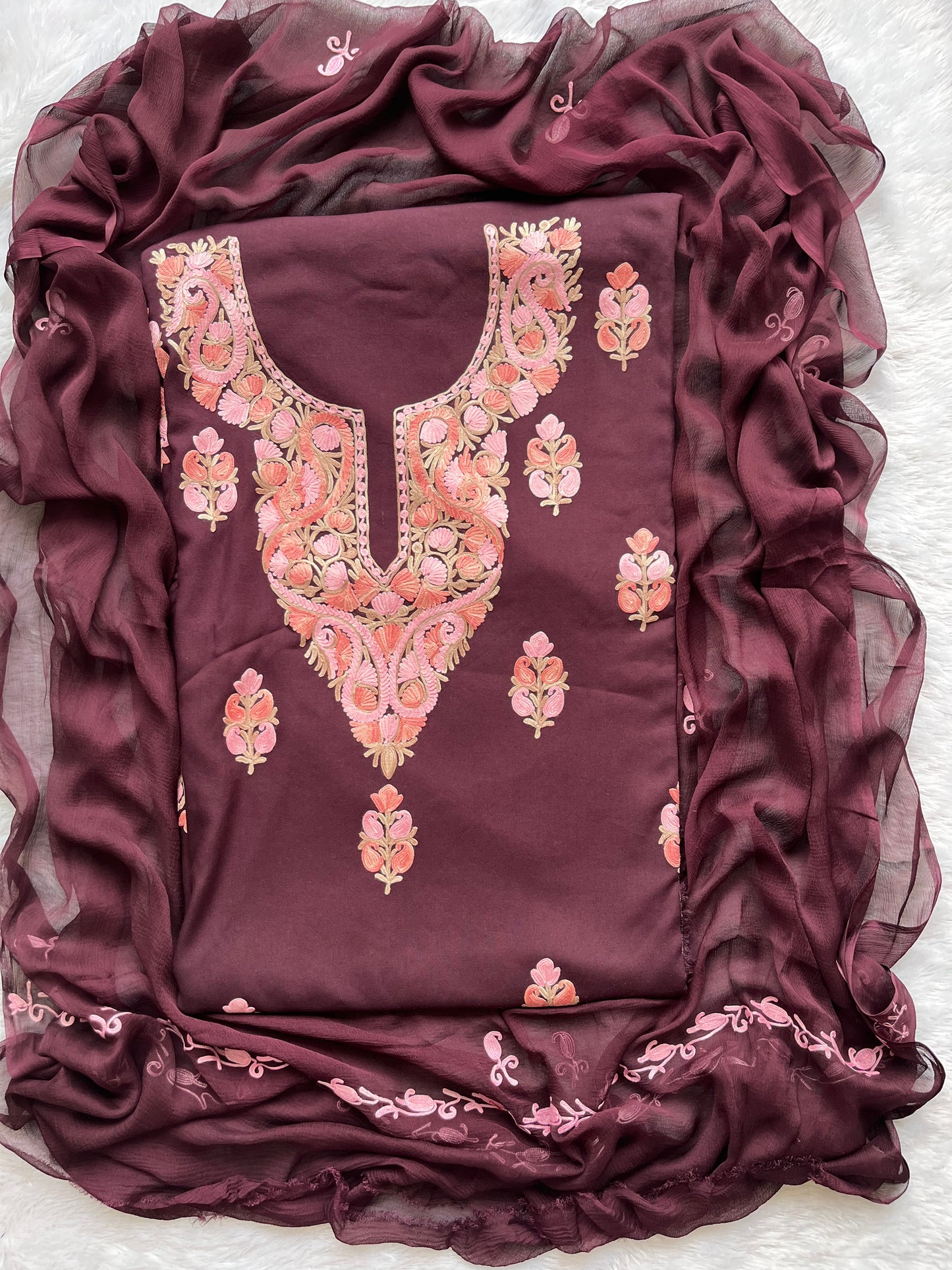 Deep Wine Shade Muslin Cotton Kashmiri Aari Full Embroidered 3pc Suit Set