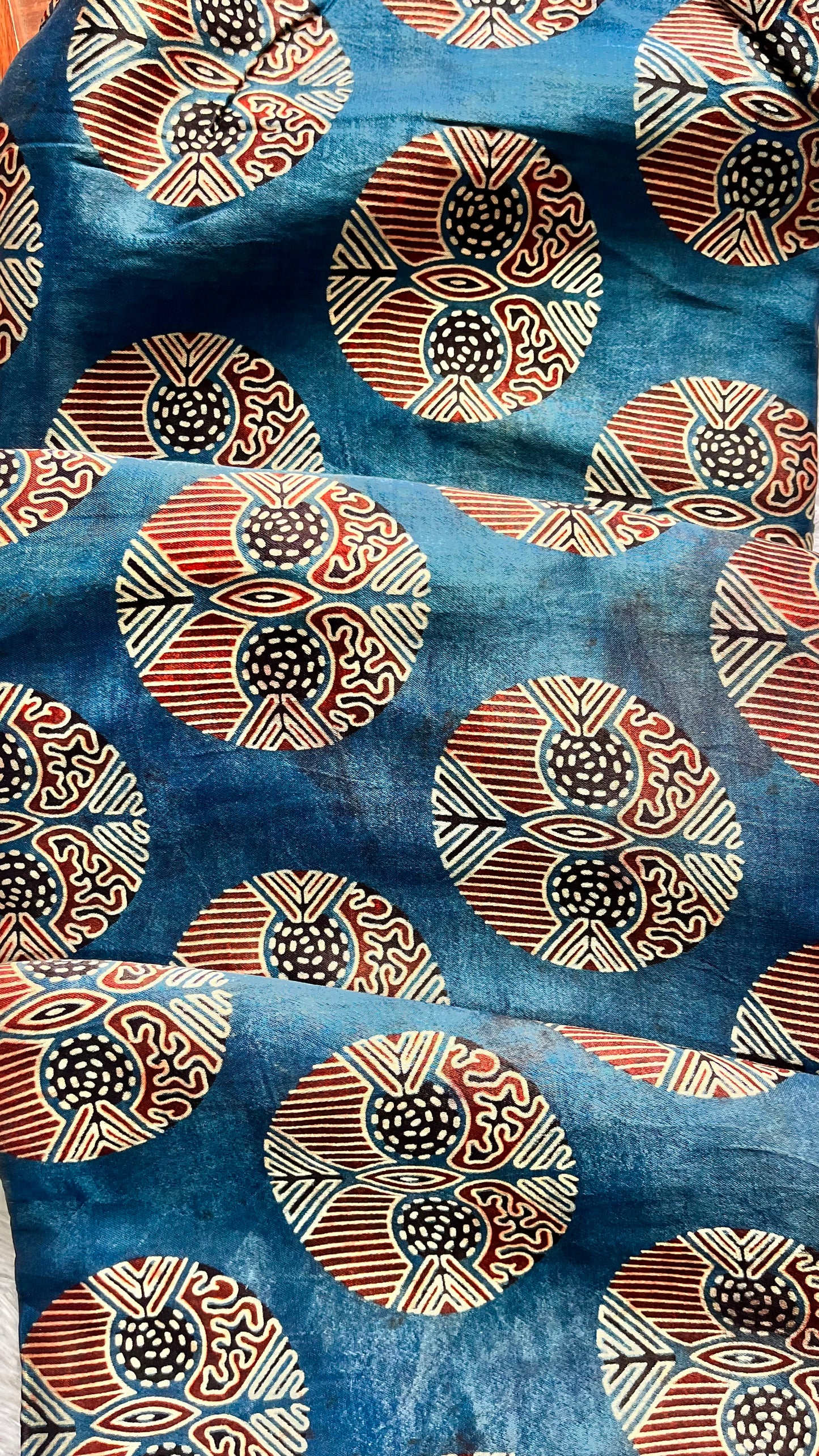 Blue Shade Circle Motif Ajrakh Mashru Silk Fabric