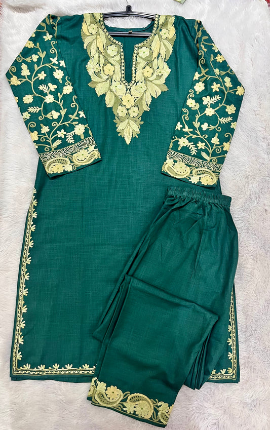 Bottle Green Rayon Cotton Kashmiri Hand Embroidery Co Ord Set ( Size 38, 40)