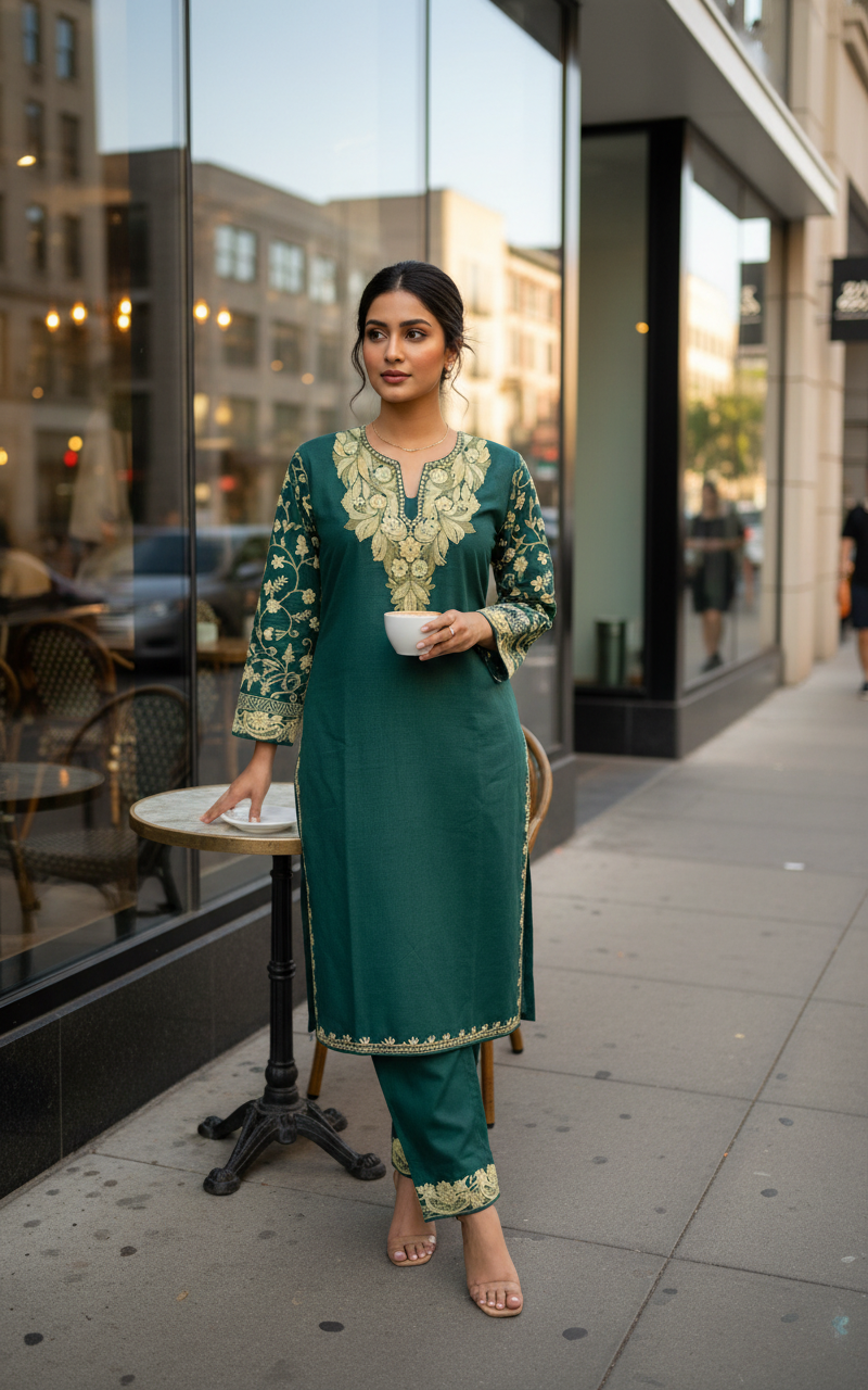 Bottle Green Rayon Cotton Kashmiri Hand Embroidery Co Ord Set ( Size 38, 40)