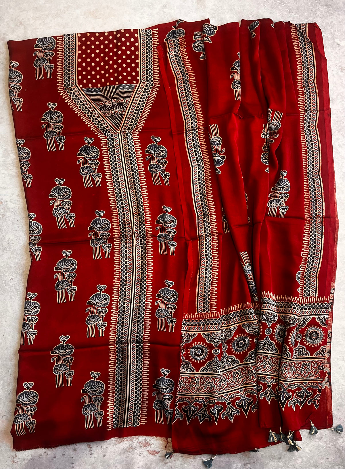 Red Buta Pattern Deep Red Buta Motif Modal Silk Natural Dyed Hand Block 2pc Suit Set ...