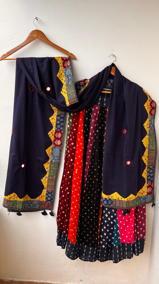 Multicolour Gherdaar Kali Cotton Long Flared Skirt with Blue Applique Patchwork Dupatta