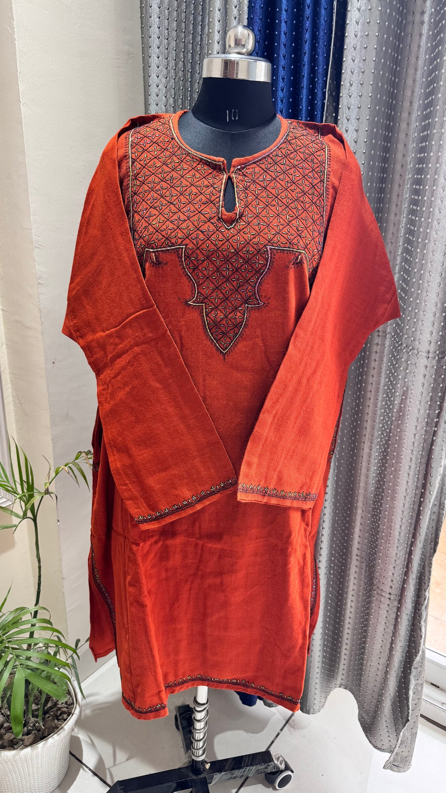 Burnt Orange Hand Embroidered Pure Marino Wool Kashmiri Pheran with Pockets and Hand Embroidered Sleeves (Size 58”)