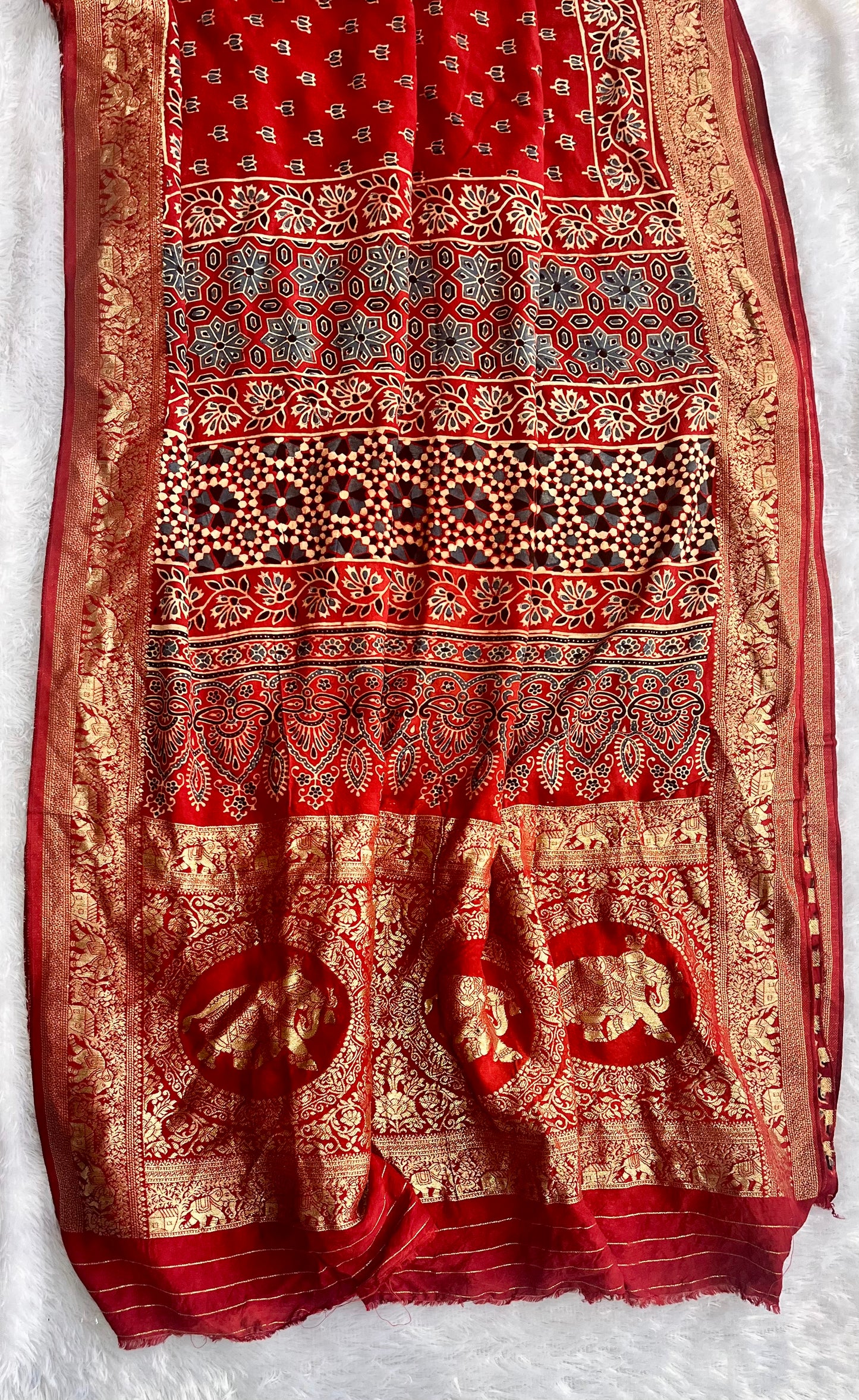 Brick Red Kamal Buti Motif Ajrakh Hand Block Dola Silk with Nakkashi Zari Pallu Saree With Blouse