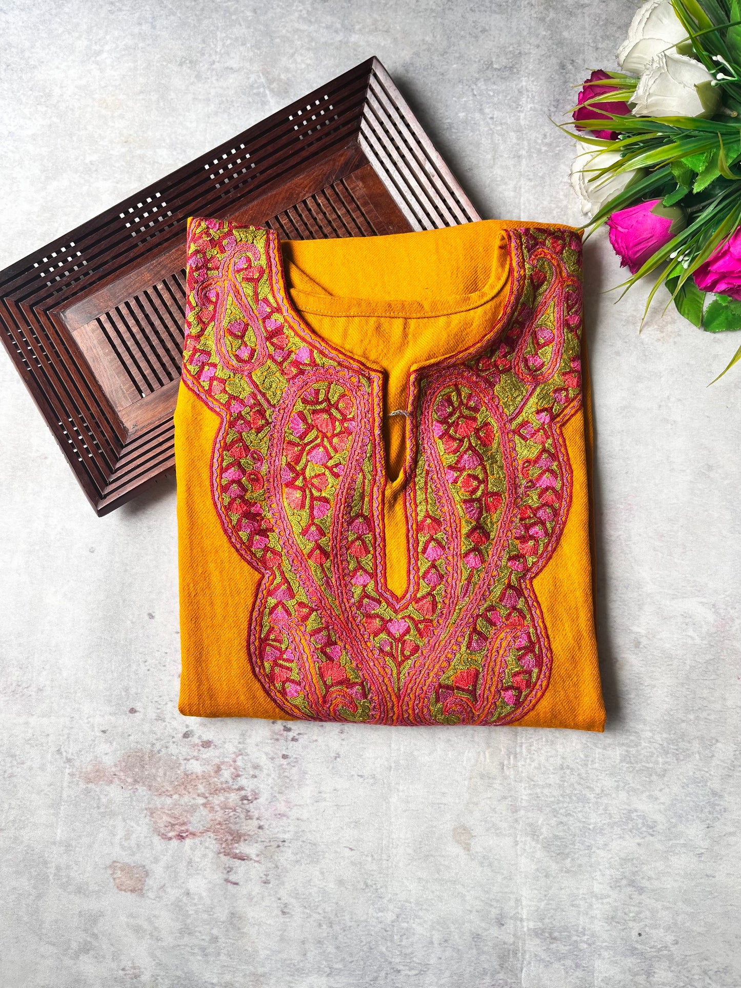 Mustard Sozni Embroidery Kashmiri Merino Wool Pheran with Pockets