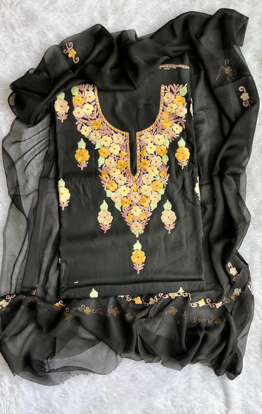 Midnight Black Muslin Cotton Kashmiri Aari Full Embroidered 3pc Suit Set