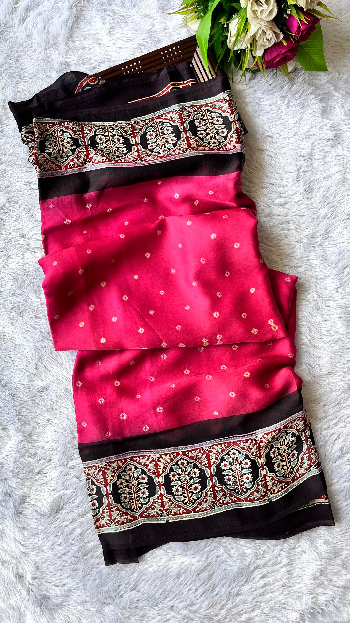 Pinacolada Ajrakh Bandhej Hand Block Saree With Blouse