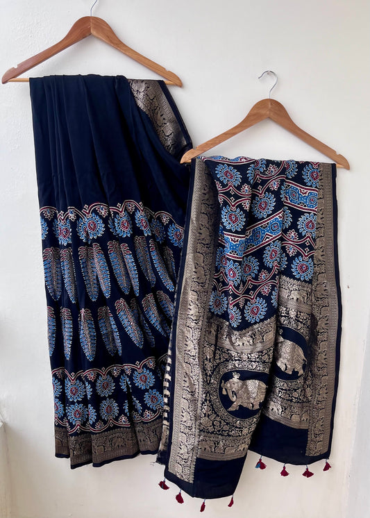 Black Asopallav Buta Motif Ajrakh Hand Block Dola Silk Saree with Zari Pallu (With Blouse)