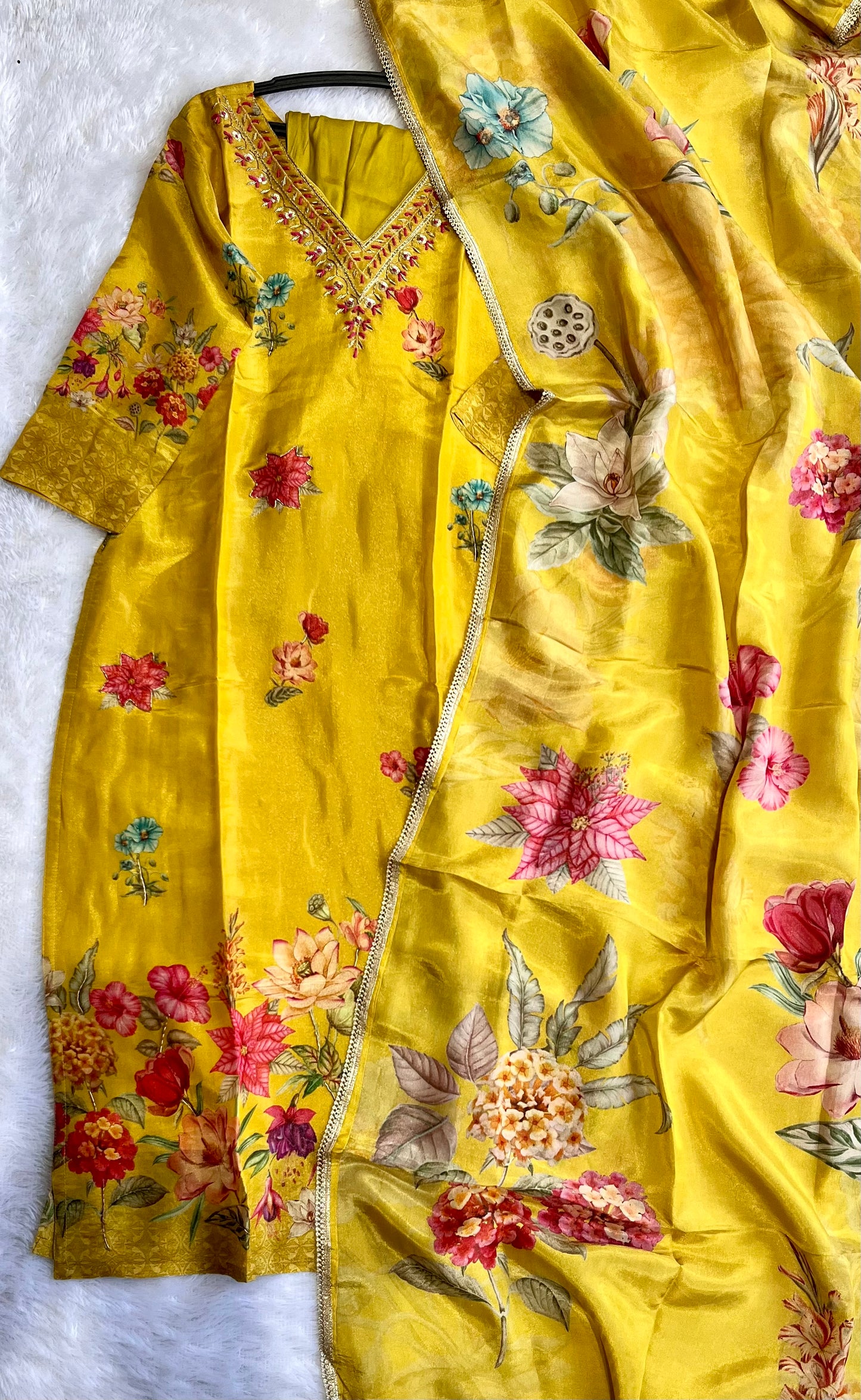 Yellow Toned Floral Motif Pure Tissue Shimmer Suit Set with Shimmer Dupatta