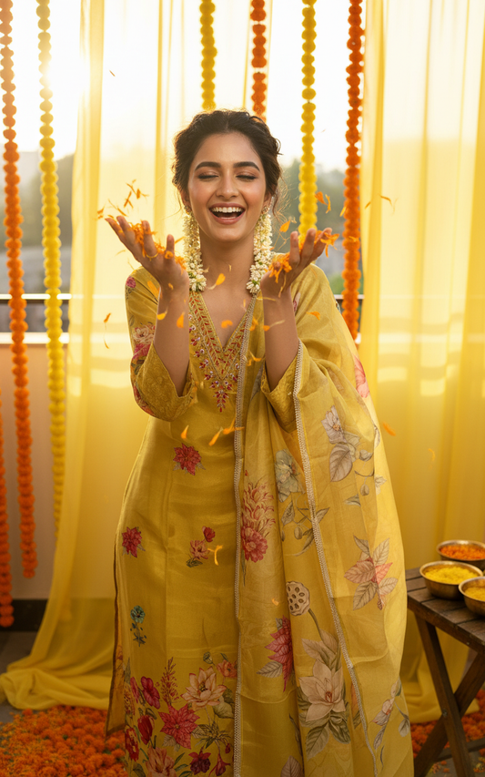 Yellow Toned Floral Motif Pure Tissue Shimmer Suit Set with Shimmer Dupatta