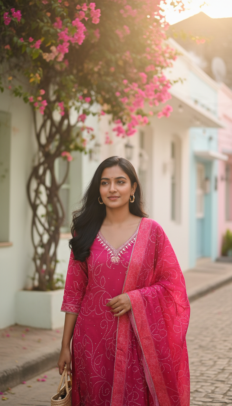 Pink Dual Toned Raidana Bandhej Motif Pure Muslin Suit Set with Muslin Dupatta