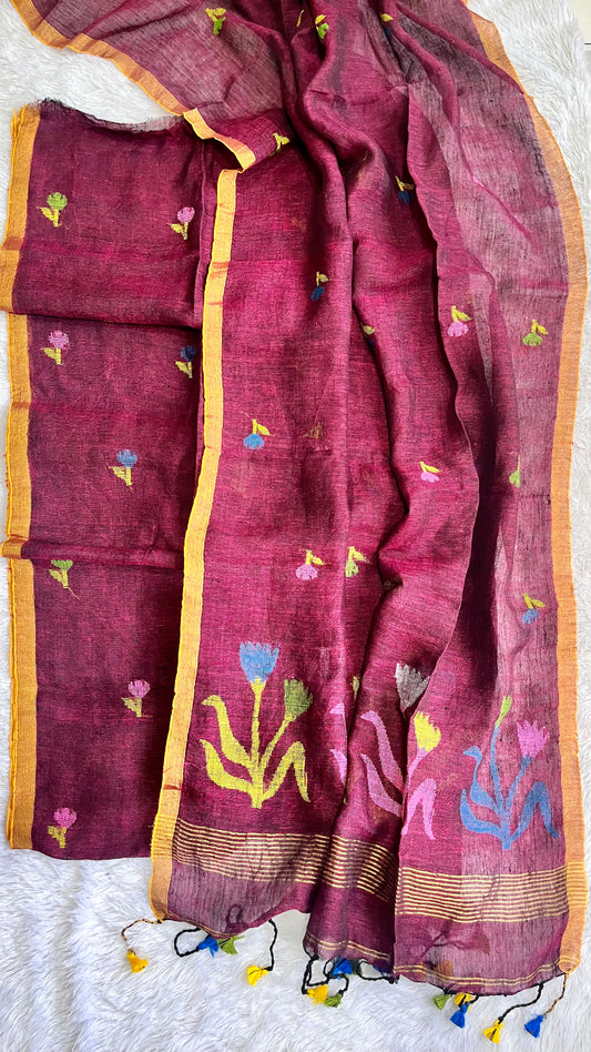 Burgandy Shade Pure Linen on Linen Hand Woven Suit Set with Floral Daman and Tassels