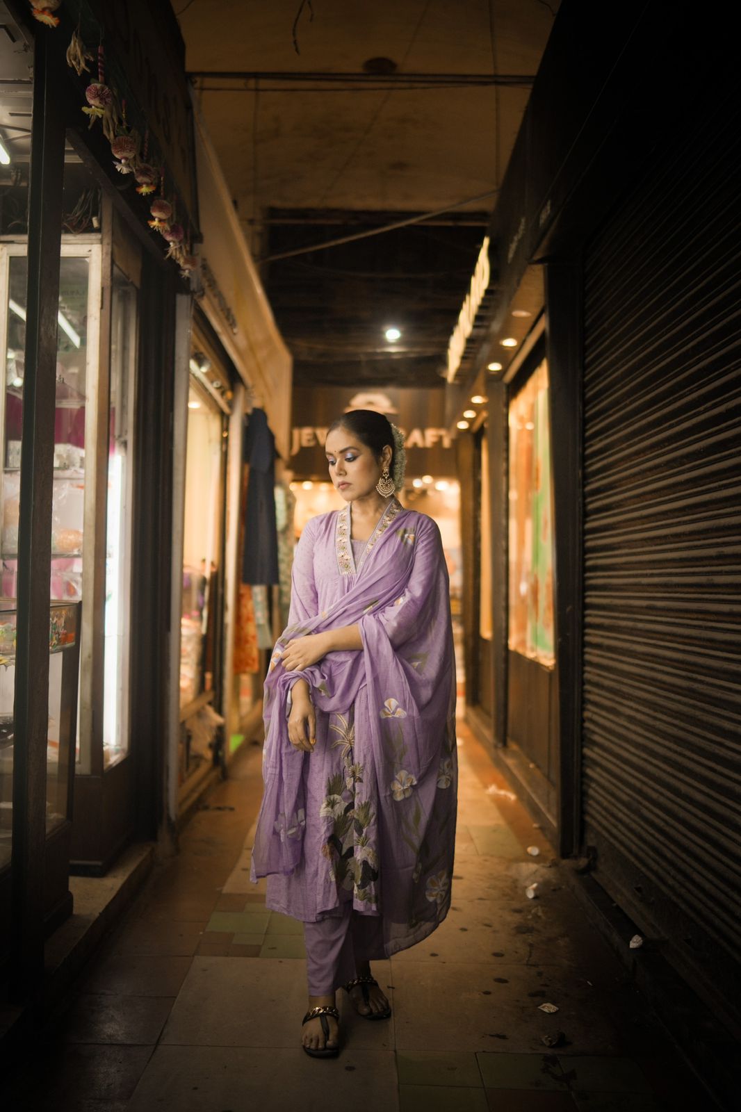 Lavender Floral Print with Embroidery Dobby Cotton Suit Set with Cotton Dupatta