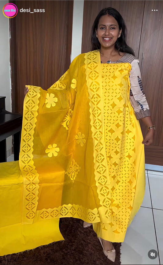 Aamras Shade Barmer Applique Cut Work Cotton 3pc Suit Material Set