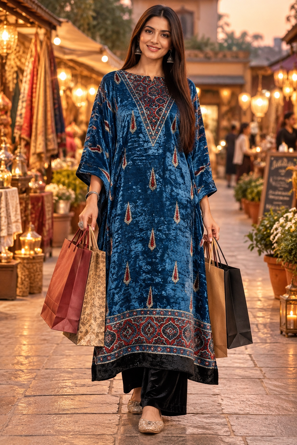 Blue Black Polka Dot Ajrakh Hand Block Velvet Unstitched Fabric (Kurta Only)
