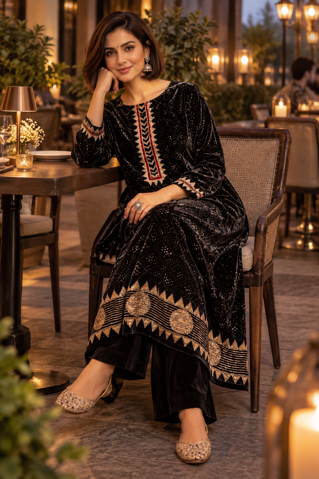Blue Black Polka Dot Ajrakh Hand Block Velvet Unstitched Fabric (Kurta Only)