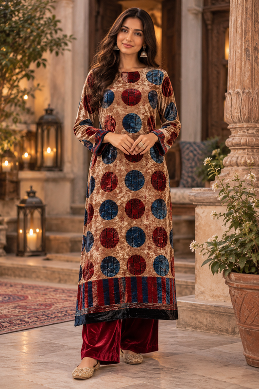 Blue Black Polka Dot Ajrakh Hand Block Velvet Unstitched Fabric (Kurta Only)