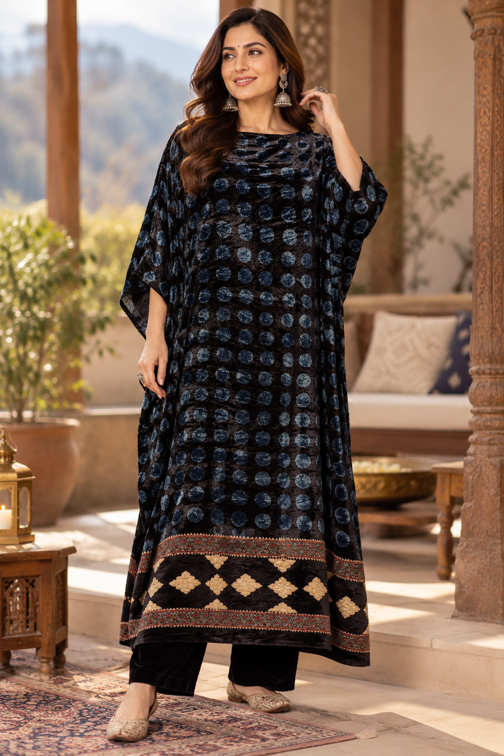 Blue Black Polka Dot Ajrakh Hand Block Velvet Unstitched Fabric (Kurta Only)