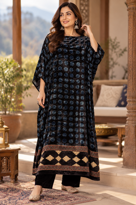 Blue Black Polka Dot Ajrakh Hand Block Velvet Unstitched Fabric (Kurta Only)