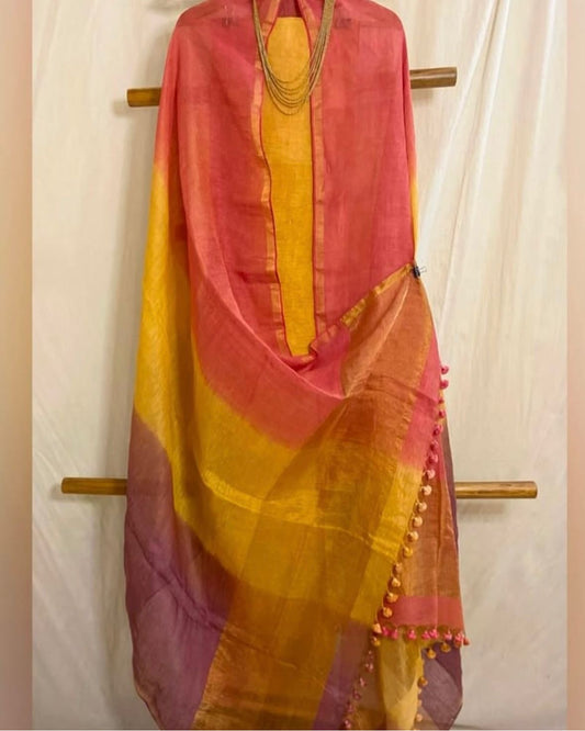 Aamras Dual toned Unstitched Pure Linen on Linen Jamdaani Daman 2 pc Suit Set