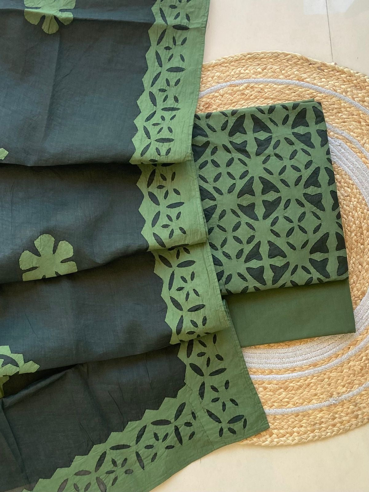 Army Green Shade Barmer Applique Cut Work Cotton 3pc Suit Material Set