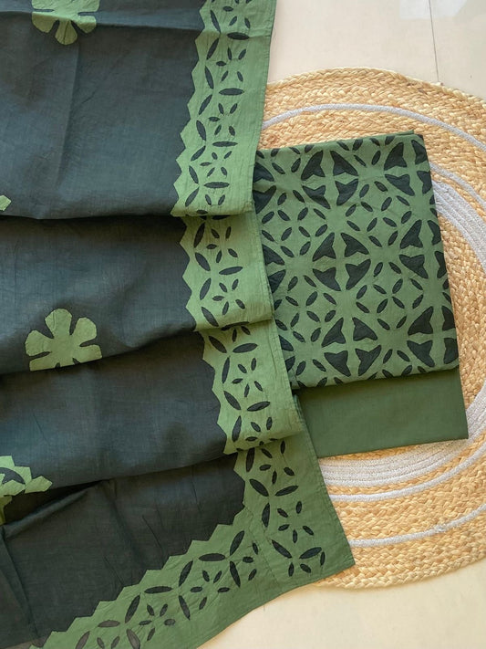 Army Green Shade Barmer Applique Cut Work Cotton 3pc Suit Material Set