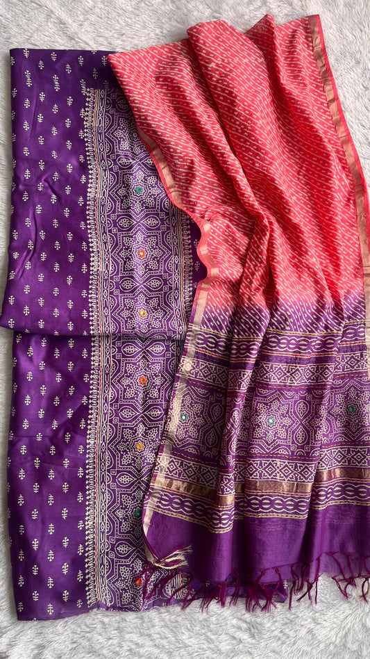 Purple and Orange Chanderi Silk 2pc Suit Set with Mirror-work and Kantha Work Dupatta