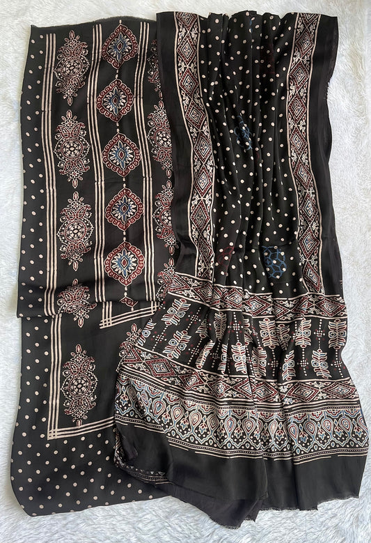 Black Mugal Boota Motif Modal Silk Ajrakh Hand Block 2pc Suit Set