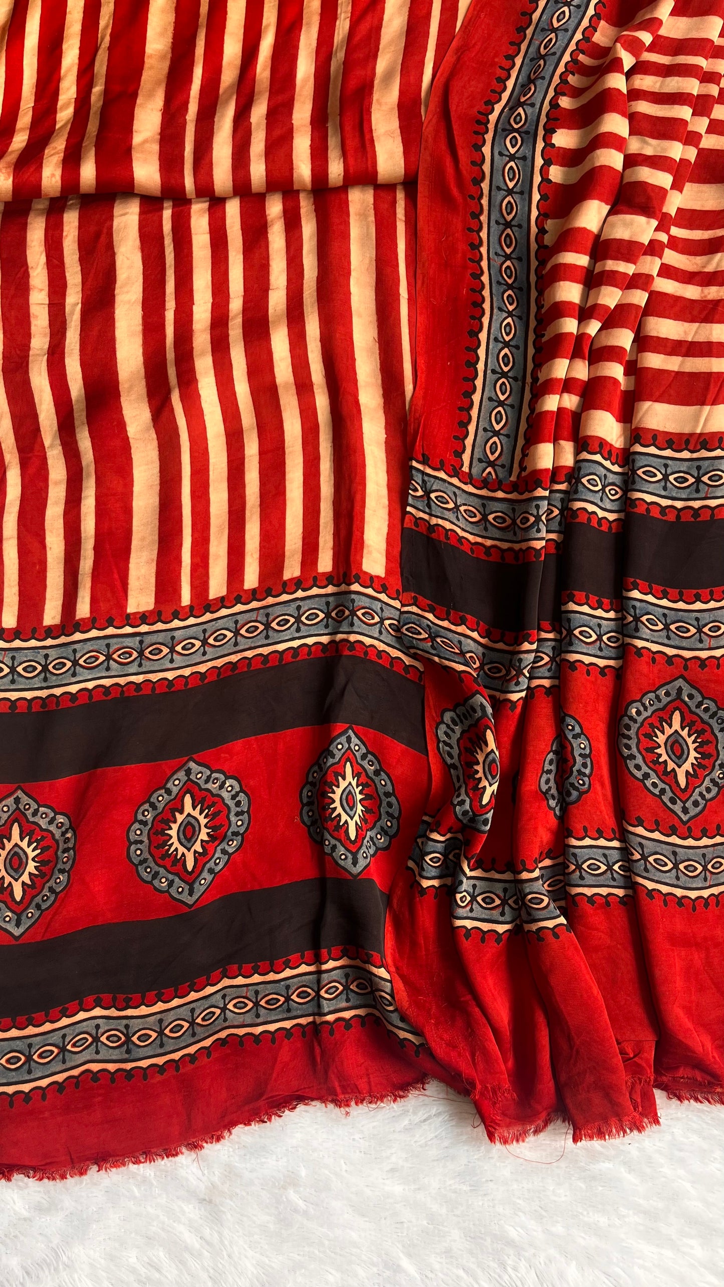 Red and Black Stripe Print Modal Silk Ajrakh Hand Block Suit Set with Modal Silk Dupatta