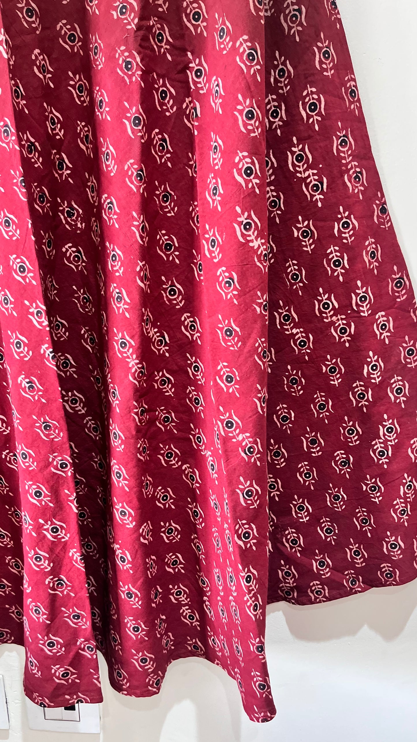 Deep Red Small Flower Motif Ajrakh Cotton Long Flared Skirt