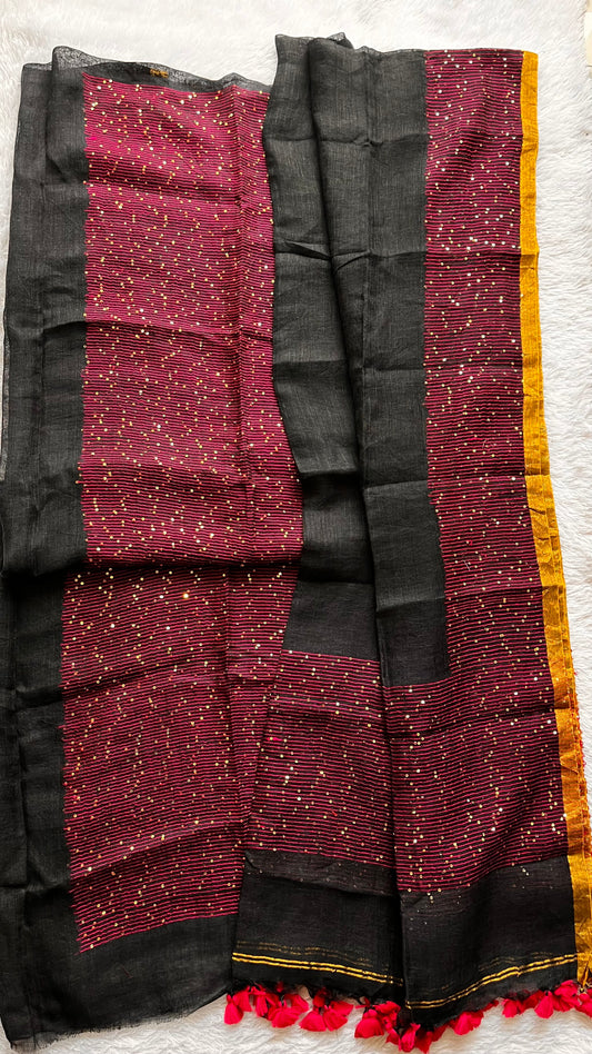 Midnight Black Pure Linen on Linen Hand Woven Suit Set with Sequins Work and Tassels