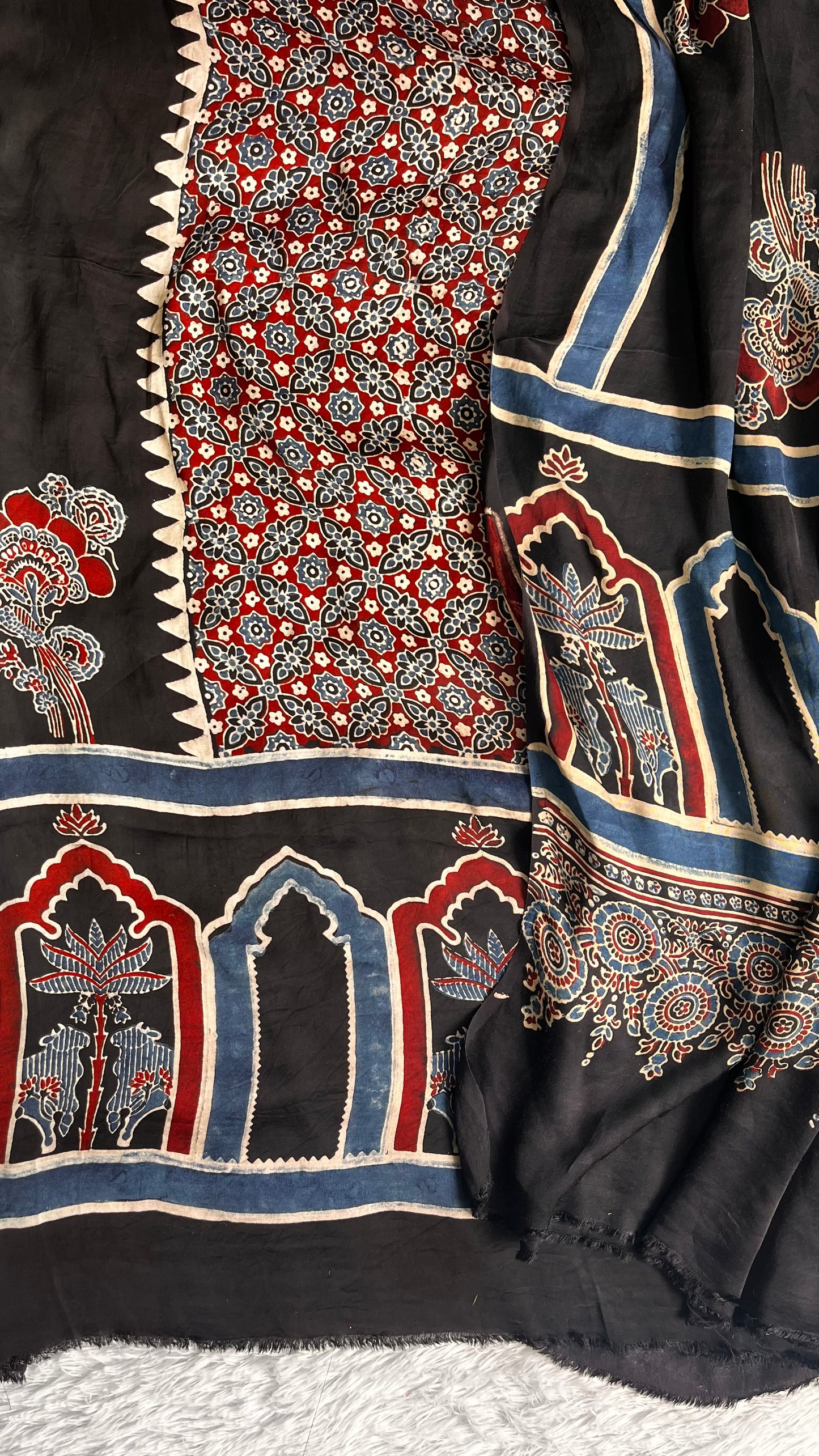 Black Jaal and Jahrokha Motif Pure Modal Silk Suit Set with Modal Silk Dupatta
