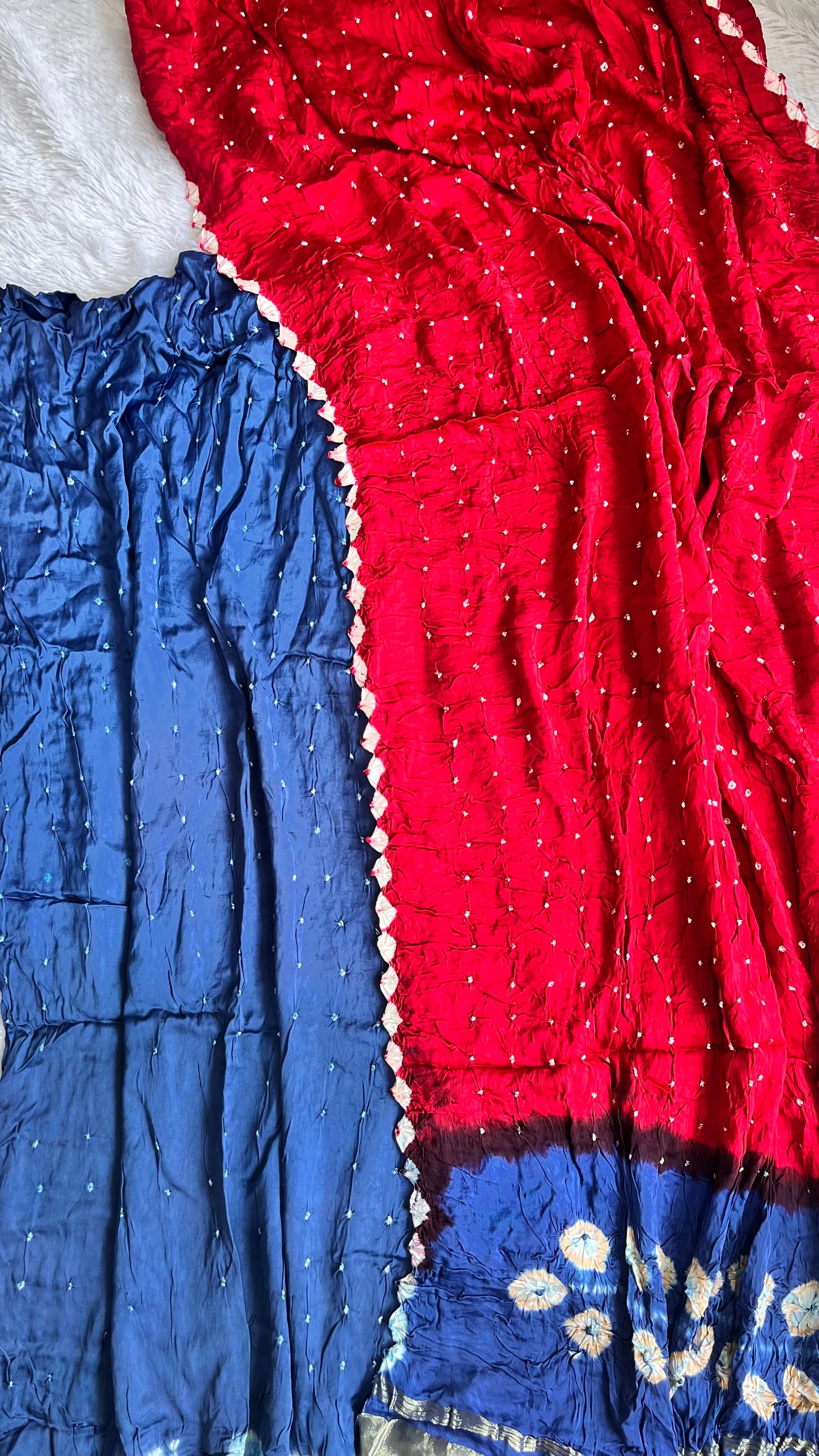 Ink Blue and Red Bandhej Modal Silk Hand Block Print 2pc Suit Material with Lagdi Patti Bandhej Dupatta