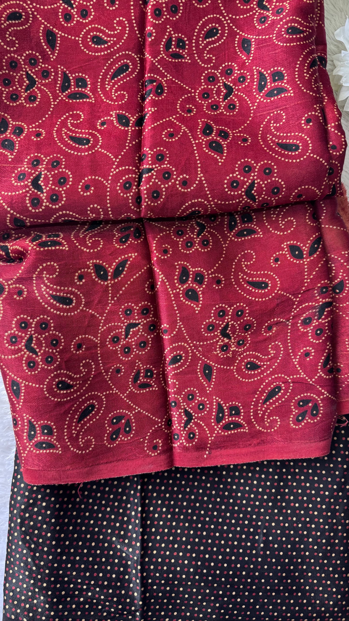 Maddar Red and Black Floral Motif Ajrakh Mashru Silk Kurta Pant Fabric