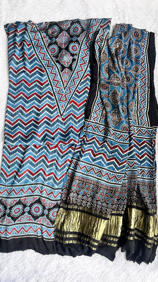 Blue and Black Zigzag Motif Ajrakh Hand Block Modal Silk 2pc Suit Material Set with Lagdi Patti Dupatta