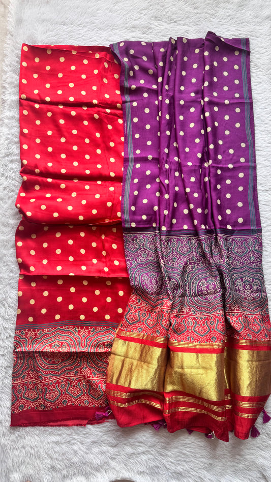 Red and Purple Polka Print Modal Silk Hand Block Print 2pc Suit Material Set with Modal Silk Lagdi Patti Dupatta