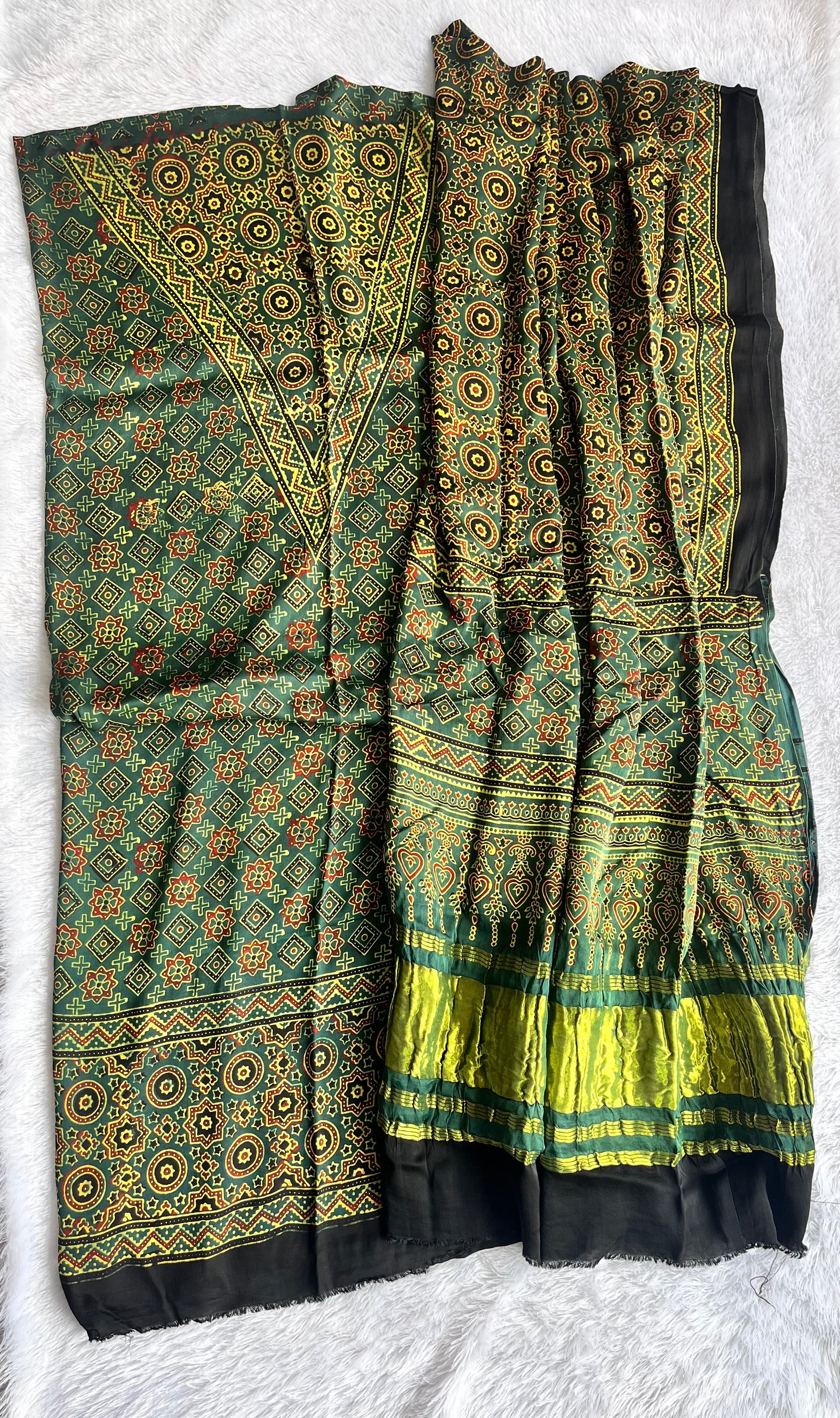 Green Burfi Motif Modal Silk Ajrakh Hand Block 2 pc Suit Set with Lagdi Patti Dupatta