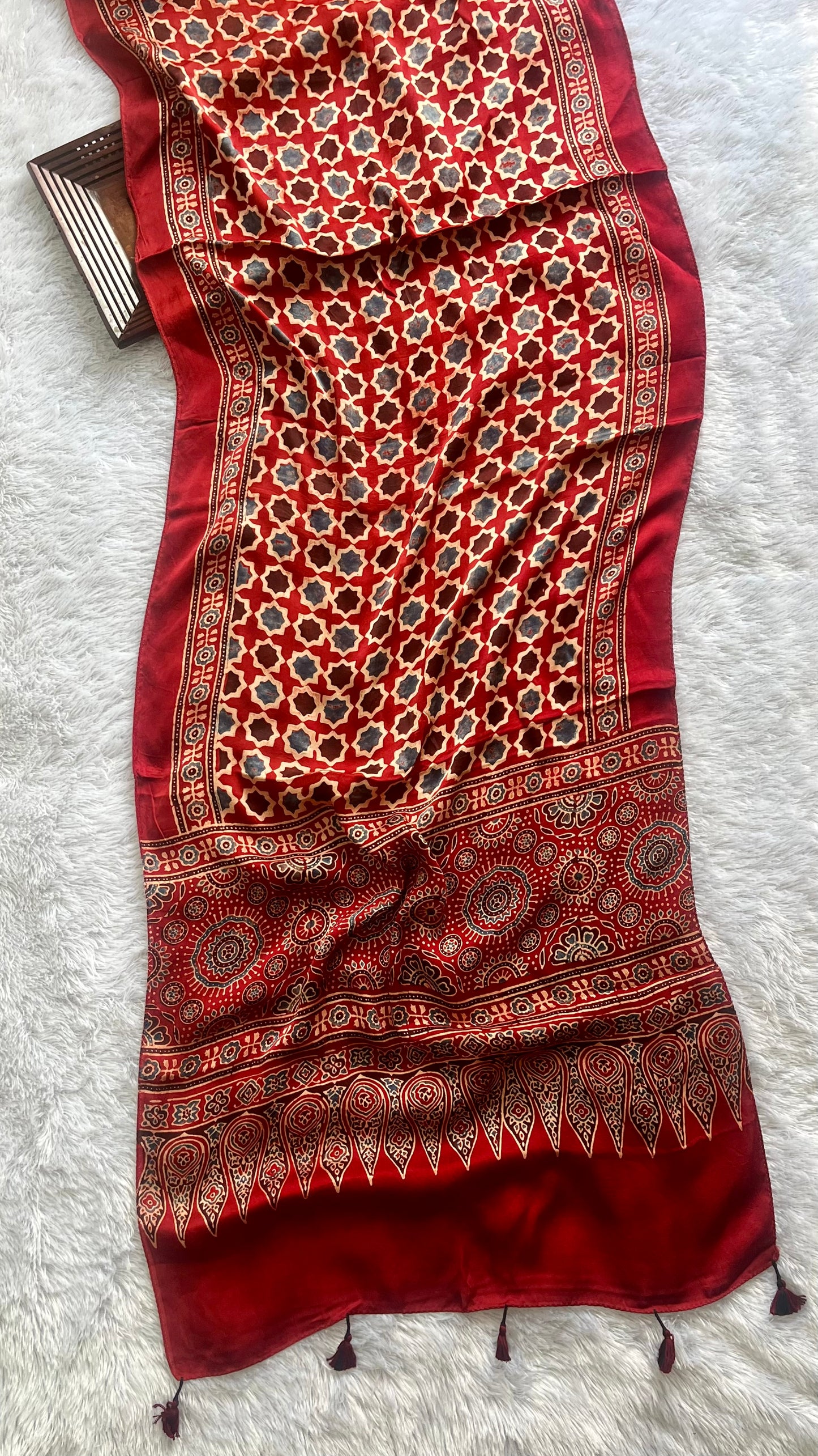 Red Barfi Motif Ajrakh Hand Block Print Modal Silk Stole with Tassels