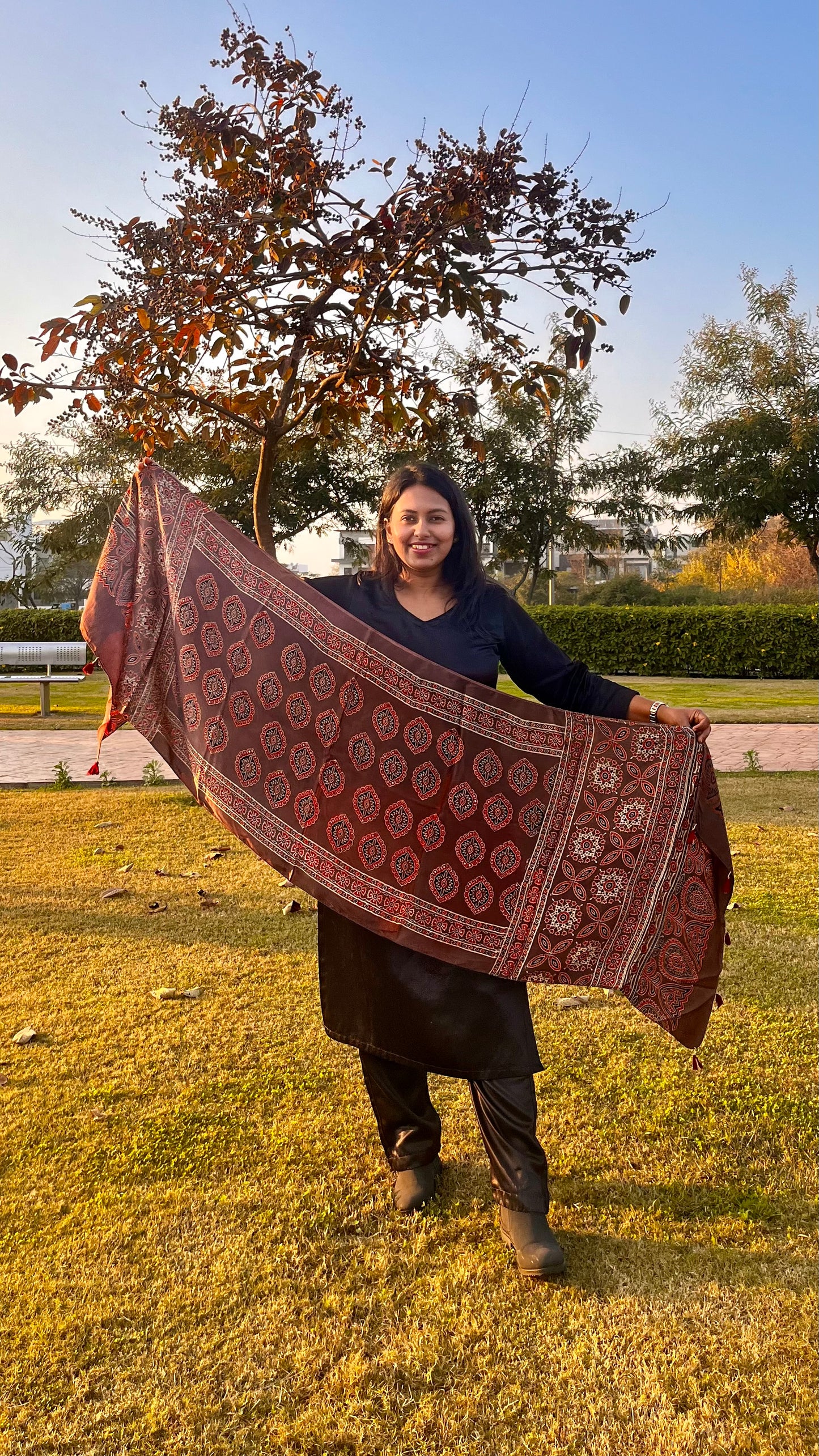 Rasin Shade Ajrakh Hand Block Print Modal Silk Stole with Tassels