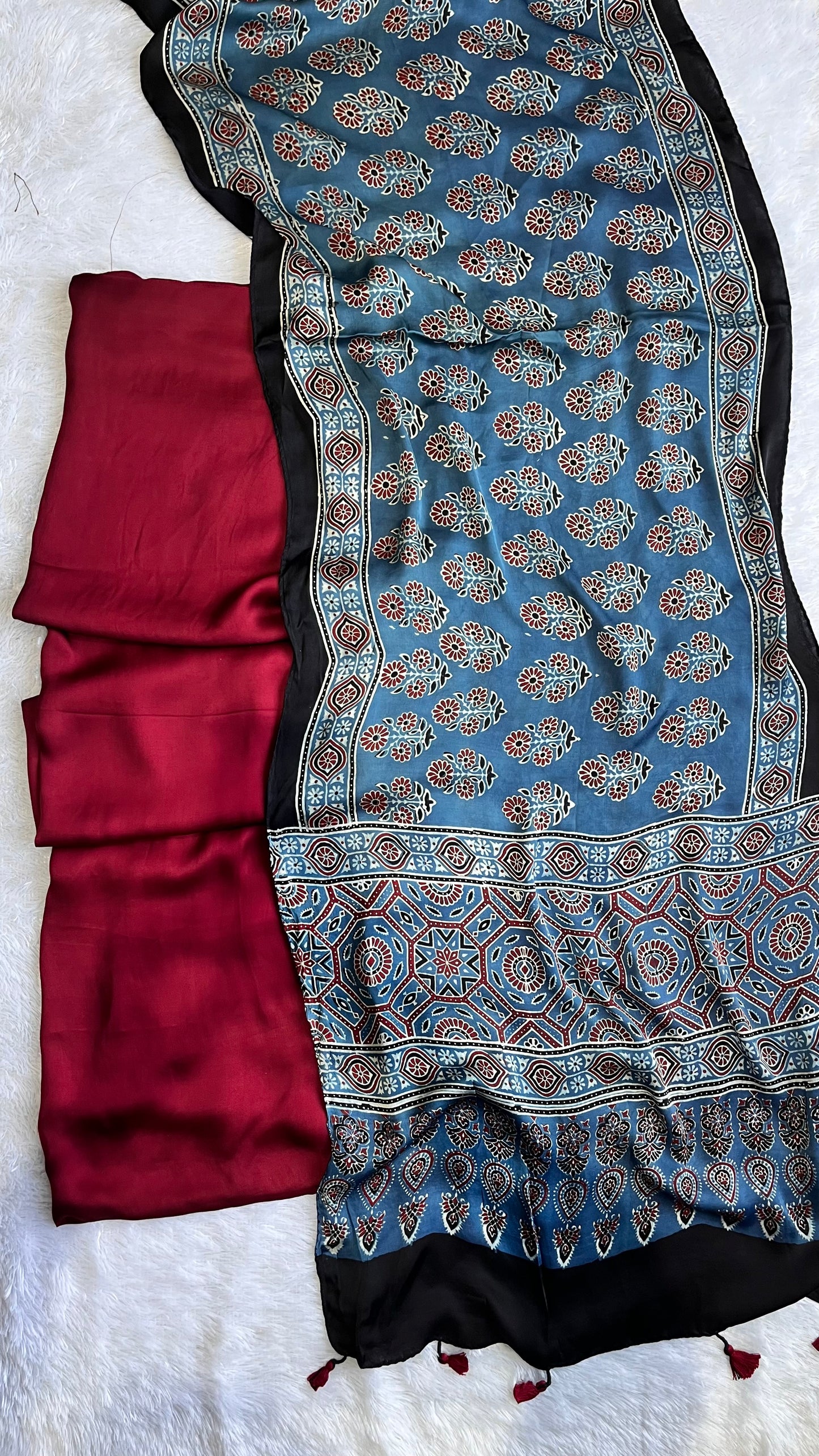 Solid Maroon Shade Modal Silk Suit Material with Ajrakh Modal Stole with Tassels
