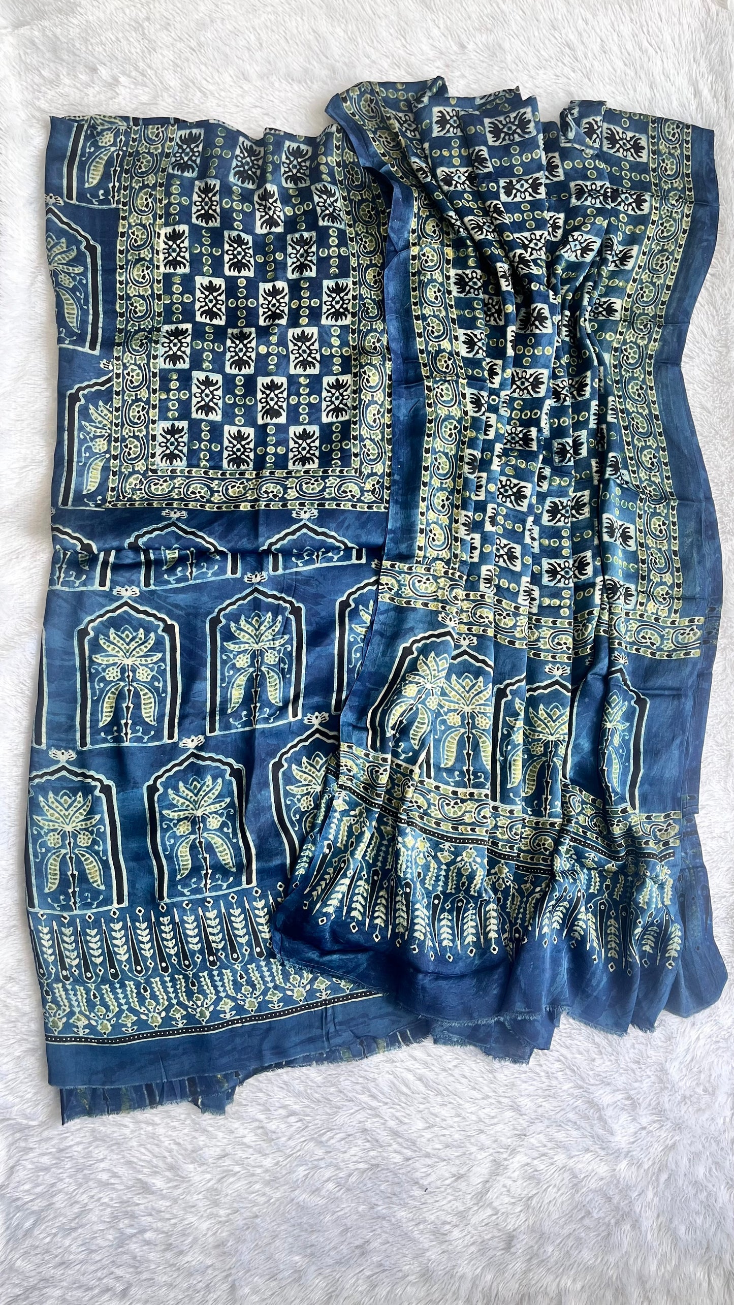 Indigo Jharokha Motif Modal Silk Ajrakh Hand Block Print 2pc Suit Set