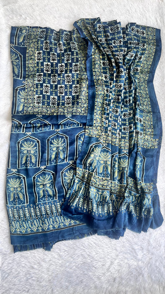 Indigo Jharokha Motif Modal Silk Ajrakh Hand Block Print 2pc Suit Set