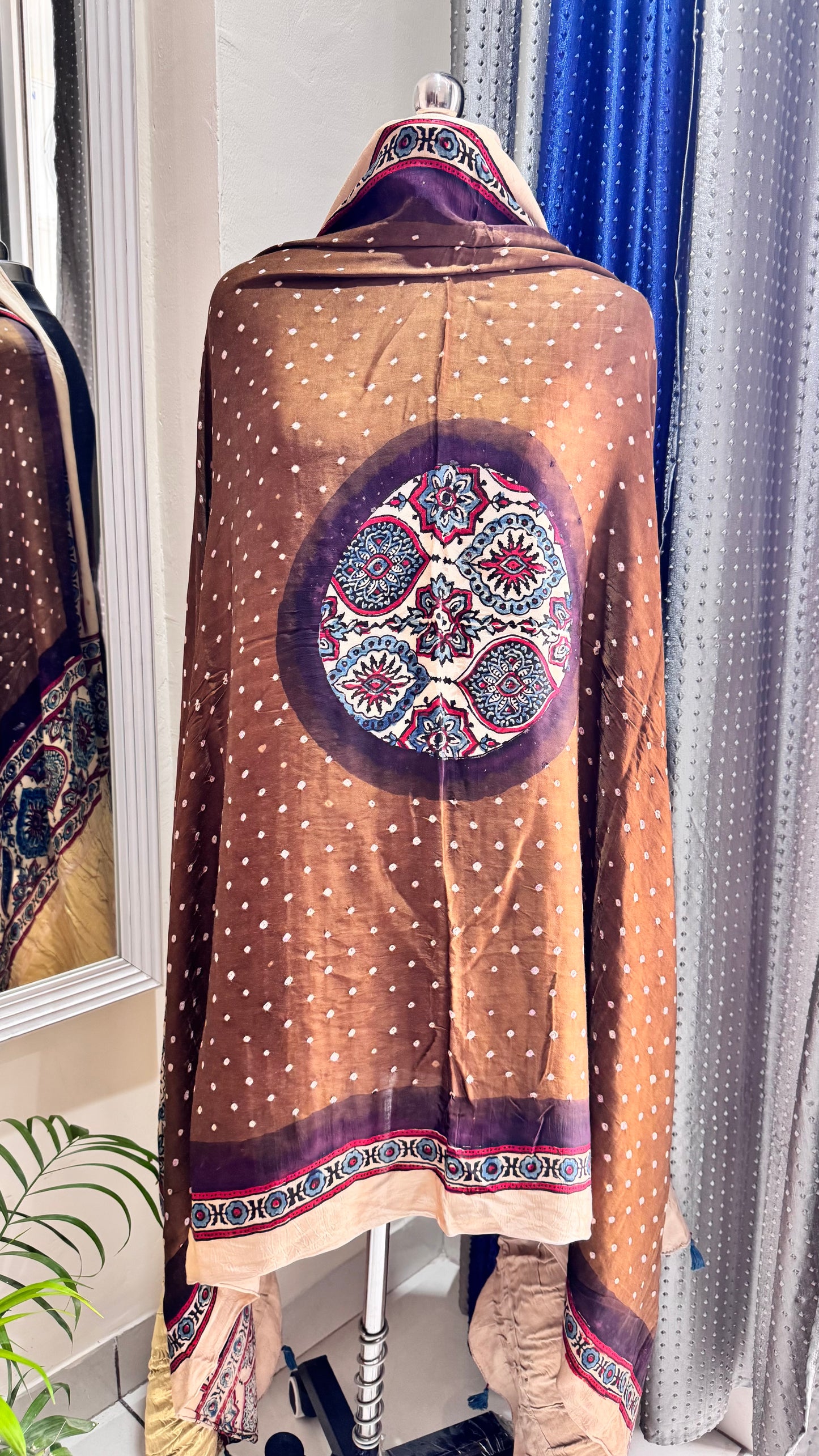 Rasin Brown Multi Dotted Modal Silk Bandhani Ajrakh Lagdi Patti Dupatta