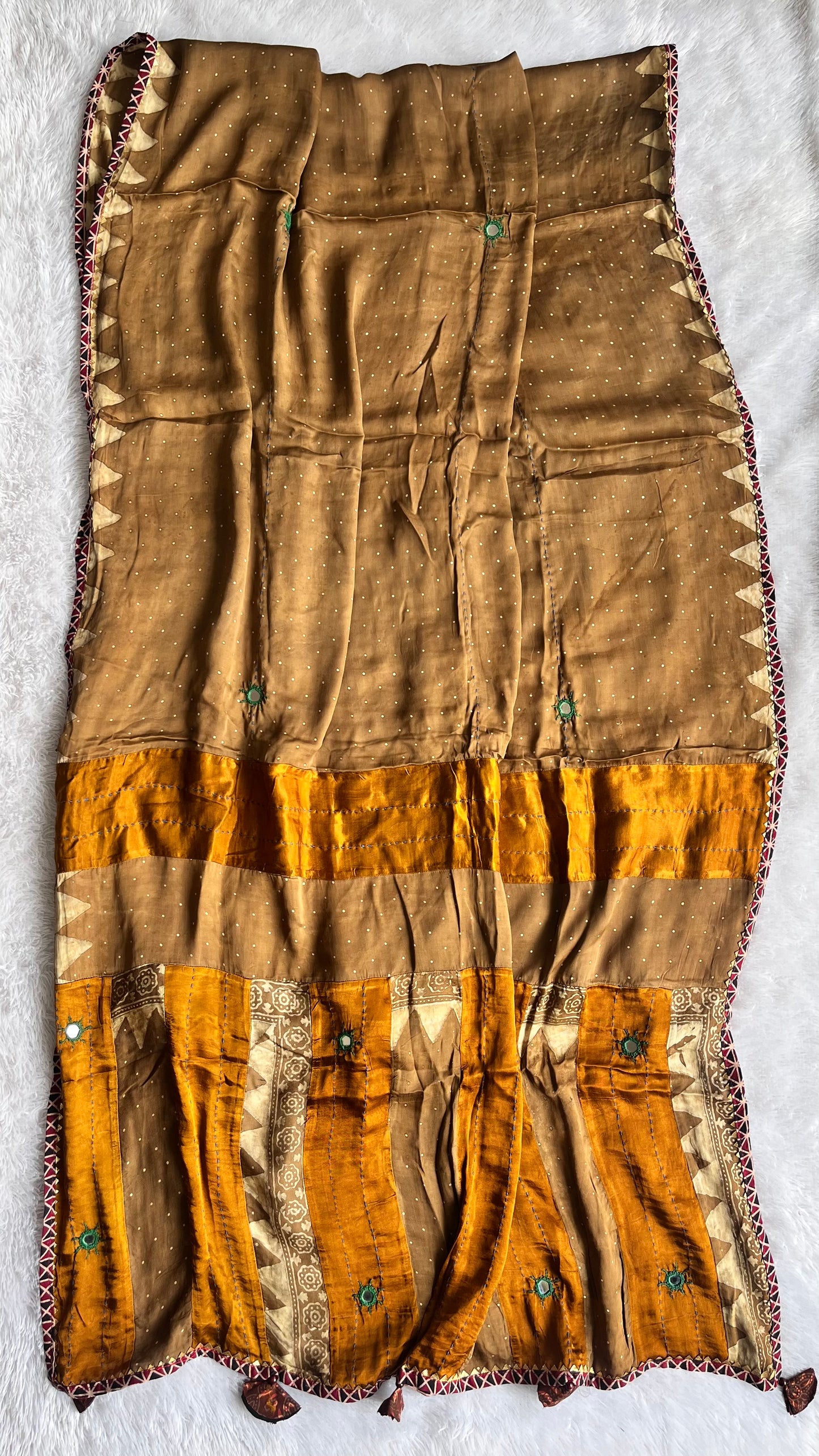 Mustard Ajrakh Applique Patchwork Modal Silk Kantha Work Dupatta with Tassels and Mirror-work