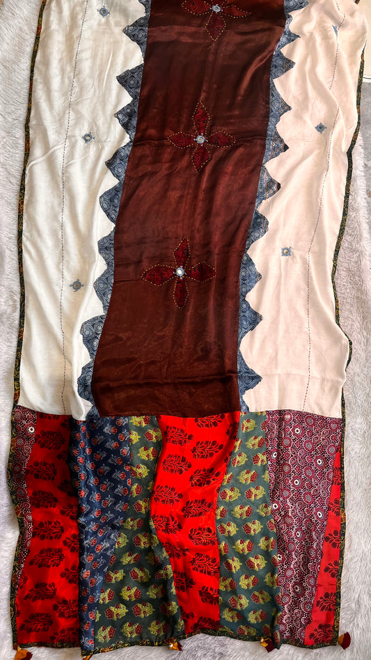 Coco Brown Zigzag Print Modal Silk Applique Work Dupatta