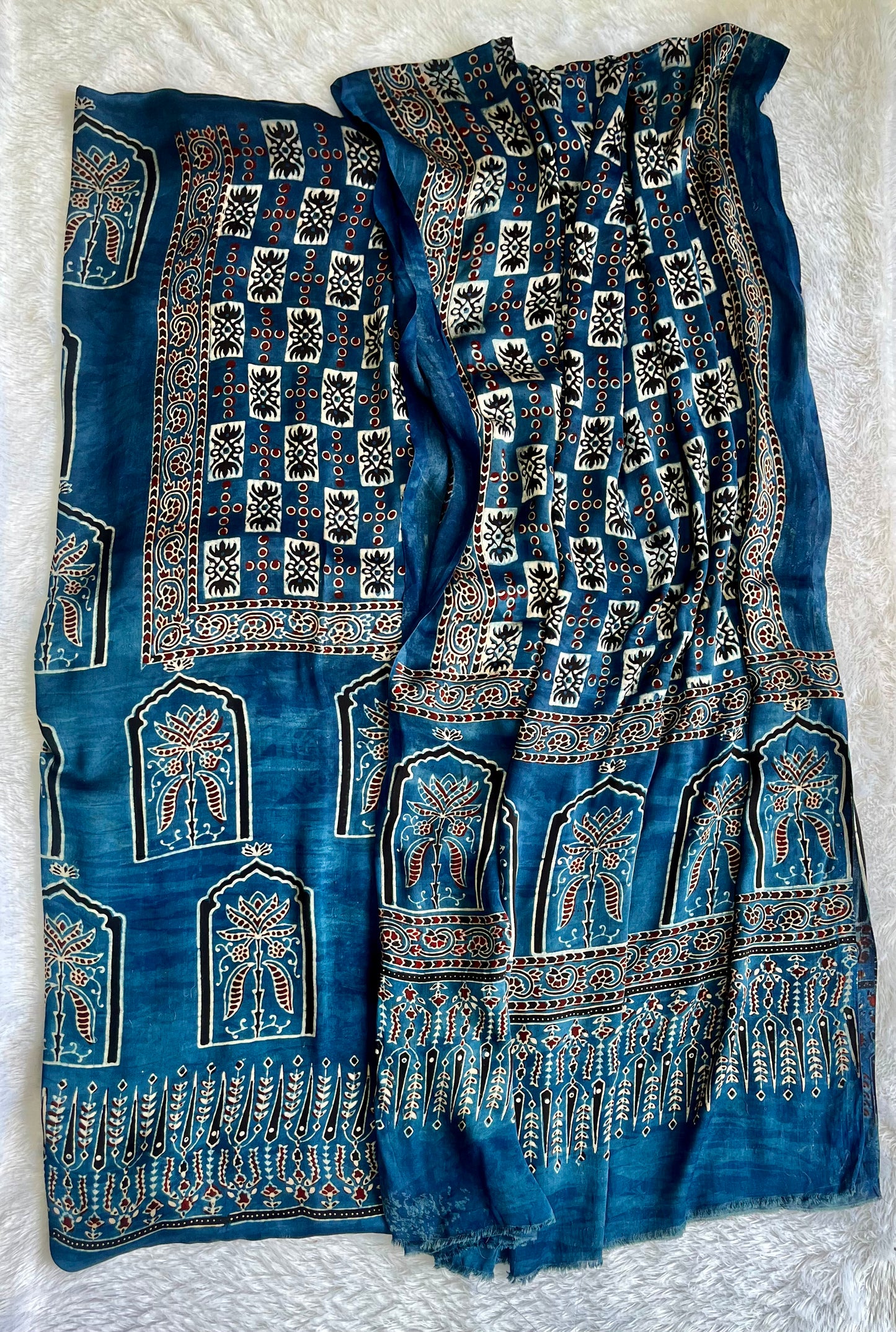 Deep Blue Jharokha Motif Modal Silk Ajrakh Hand Block 2 pc Suit Set