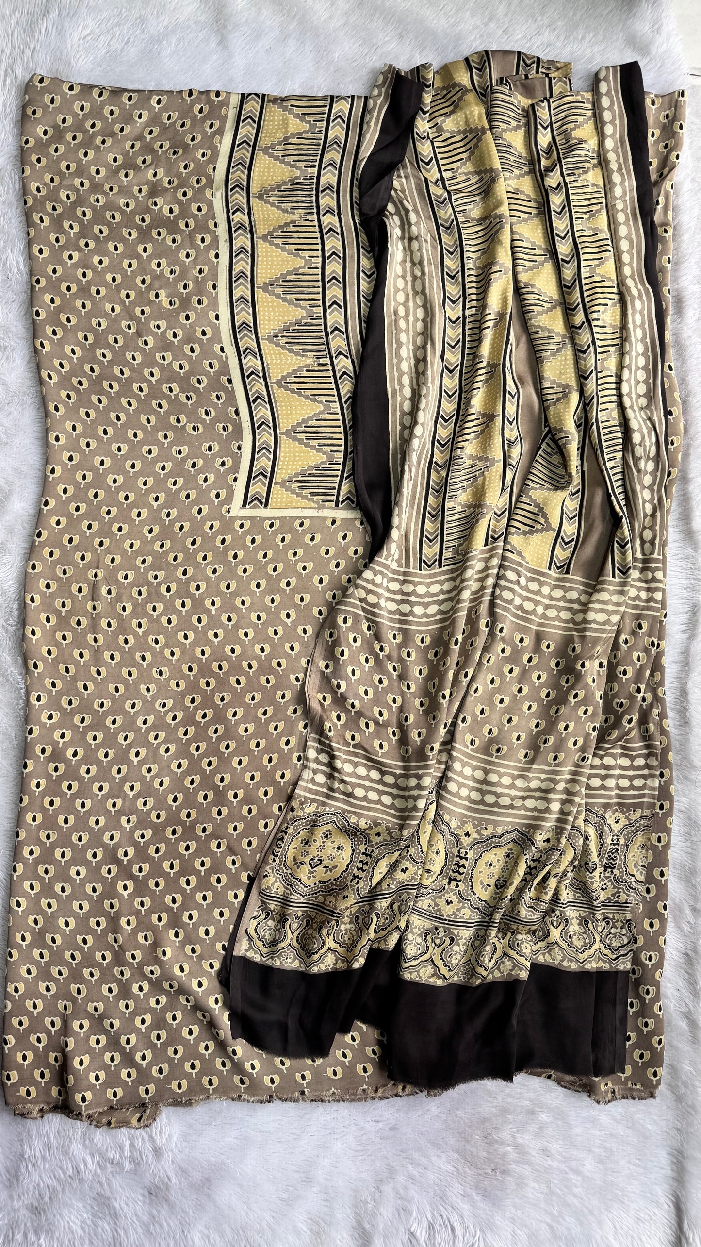 Earthy Beige Kamal Print Modal Silk Ajrakh Natural Dyed Hand Block Print 2pc Suit Material Set
