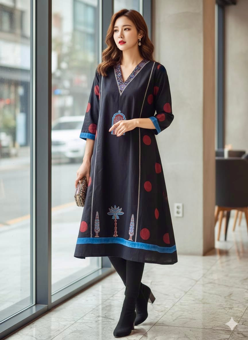 Black and Red Jharokha and Polka Motif Modal Silk Ajrakh Hand Block Print Designer Unstitched Fabric (Kurta Only)